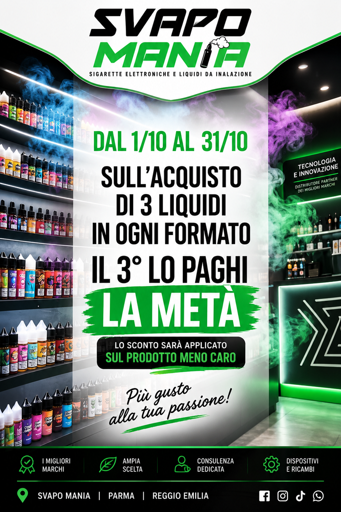 Interno del negozio Svapo Mania con esposizione di liquidi e dispositivi per sigarette elettroniche